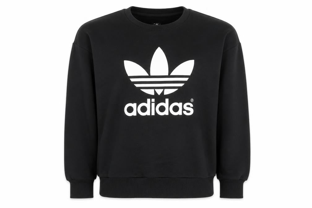 Front view of Adidas women’s black crew neck pullover sweatshirt, size UK 10