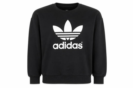 Front view of Adidas women’s black crew neck pullover sweatshirt, size UK 10