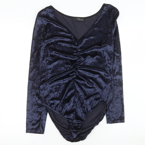 Jane Norman Womens Navy Velvet Bodysuit UK 14 Long Sleeve V-Neck Ruched