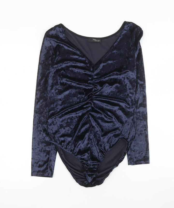 Jane Norman Womens Navy Velvet Bodysuit UK 14 Long Sleeve V-Neck Ruched