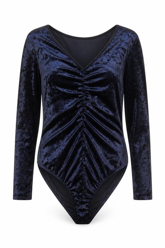 Jane Norman Womens Navy Velvet Bodysuit UK 14 Long Sleeve V-Neck Ruched