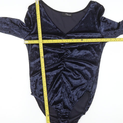 Jane Norman Womens Navy Velvet Bodysuit UK 14 Long Sleeve V-Neck Ruched