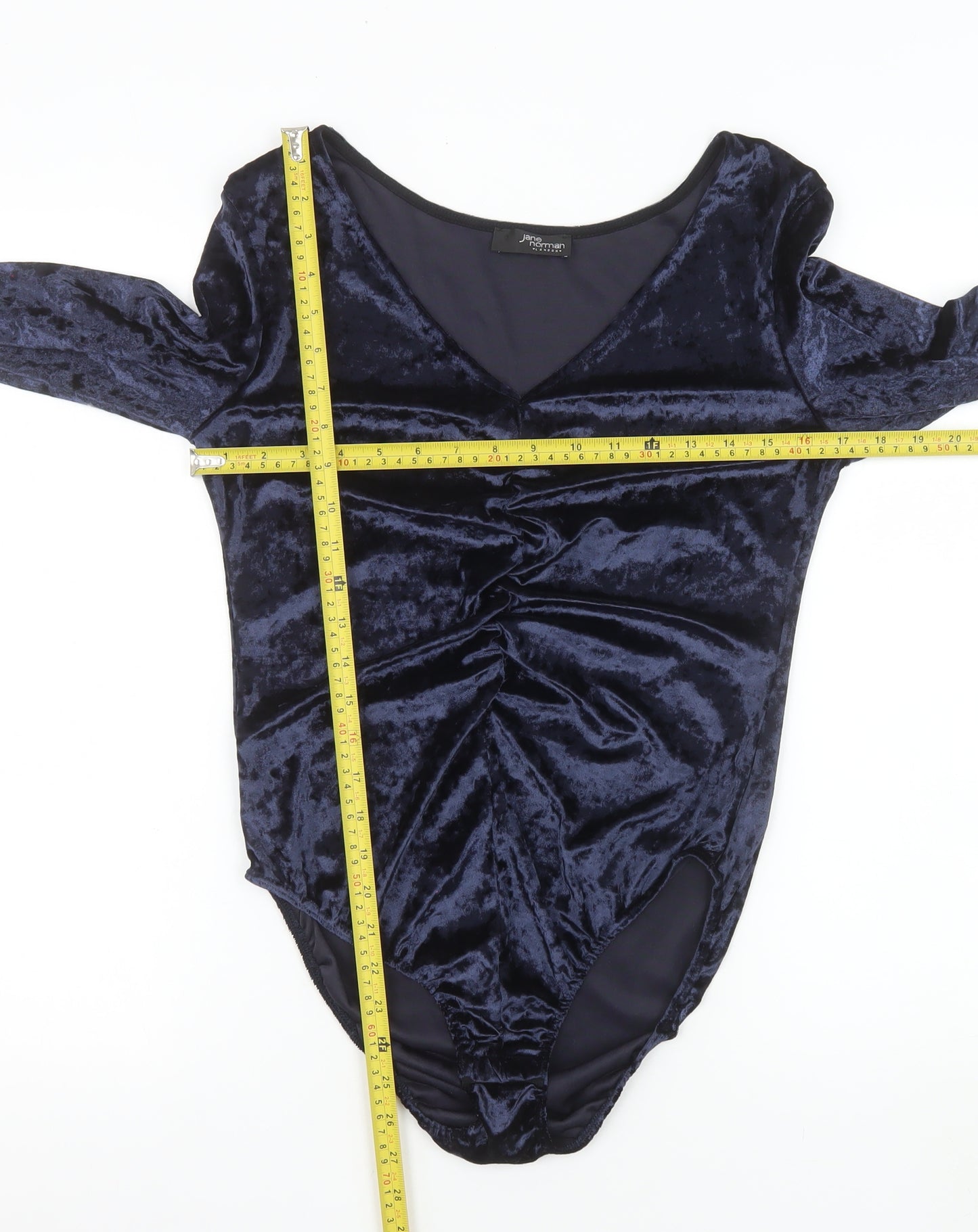Jane Norman Womens Navy Velvet Bodysuit UK 14 Long Sleeve V-Neck Ruched