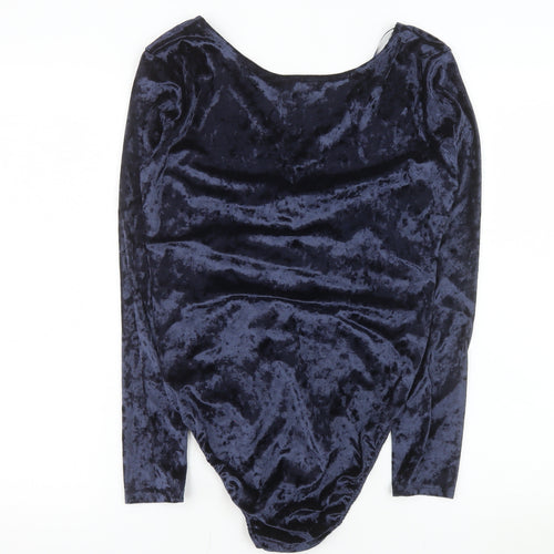 Jane Norman Womens Navy Velvet Bodysuit UK 14 Long Sleeve V-Neck Ruched