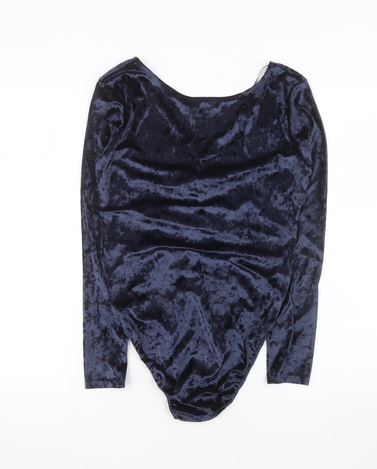Jane Norman Womens Navy Velvet Bodysuit UK 14 Long Sleeve V-Neck Ruched