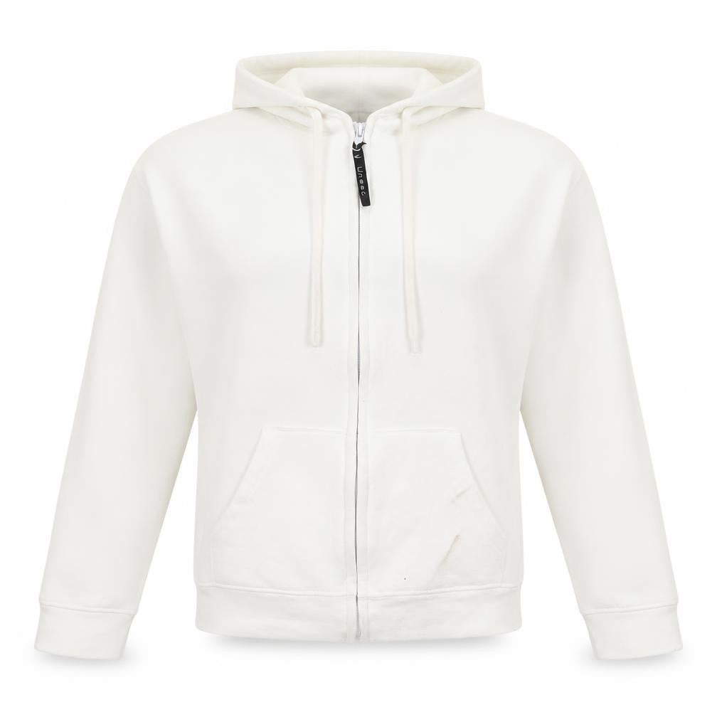 Front view of Uneek women’s white zip up hooded fleece jacket, size S