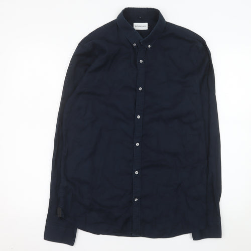 Nowadays Men's Navy Blue Long Sleeve Cotton Button-Up Shirt Size L