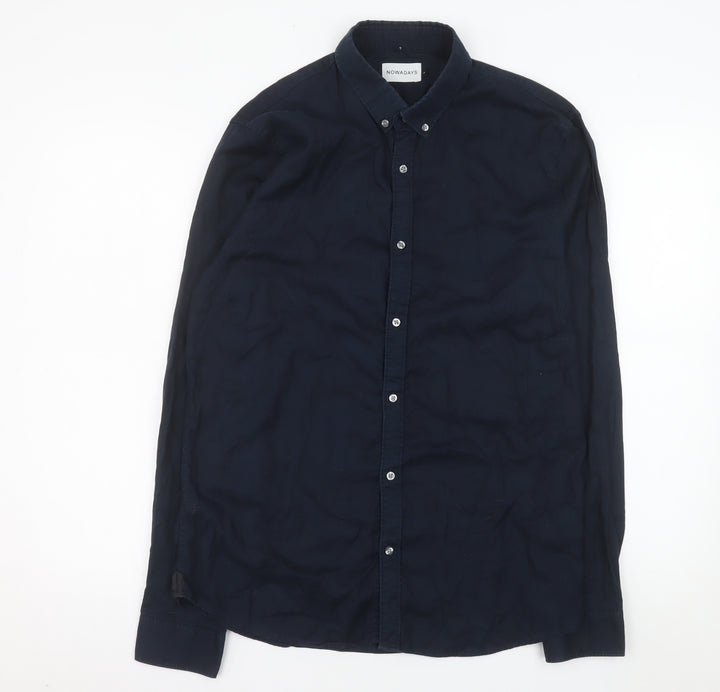 Nowadays Men's Navy Blue Long Sleeve Cotton Button-Up Shirt Size L