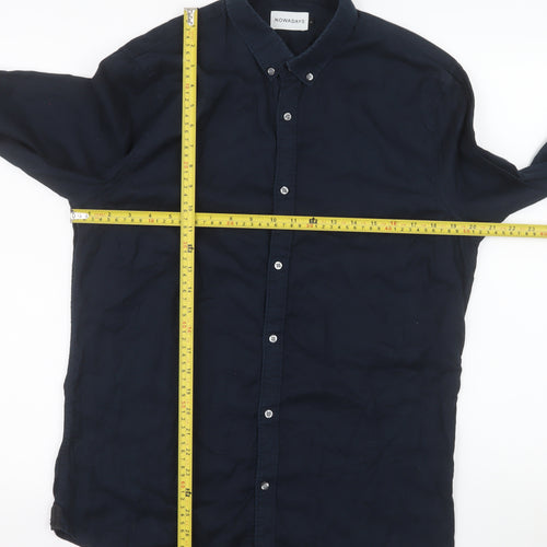 Nowadays Men's Navy Blue Long Sleeve Cotton Button-Up Shirt Size L