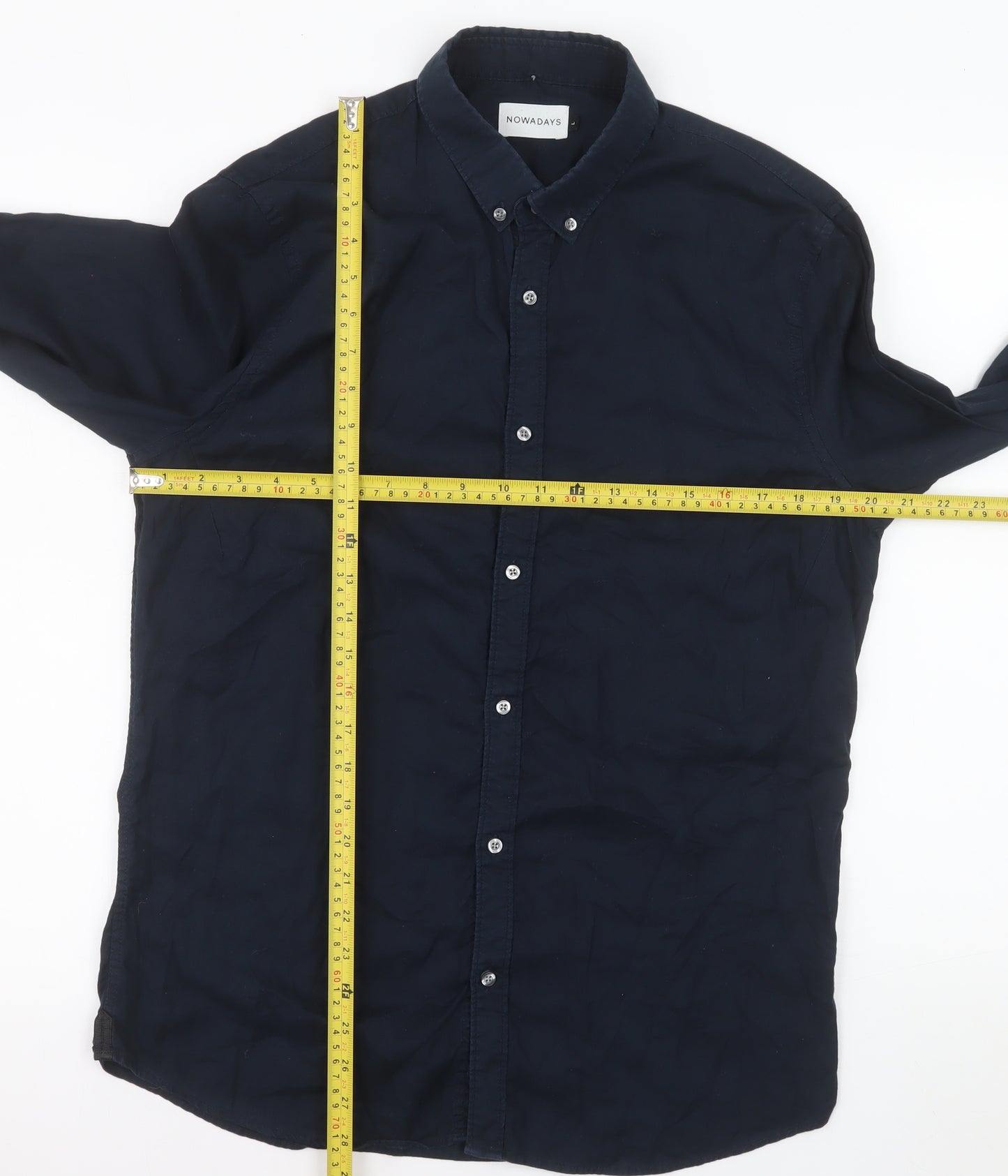 Nowadays Men's Navy Blue Long Sleeve Cotton Button-Up Shirt Size L