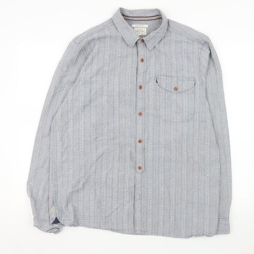 White Stuff Men's Blue Classic Fit Striped Cotton Long Sleeve Shirt L