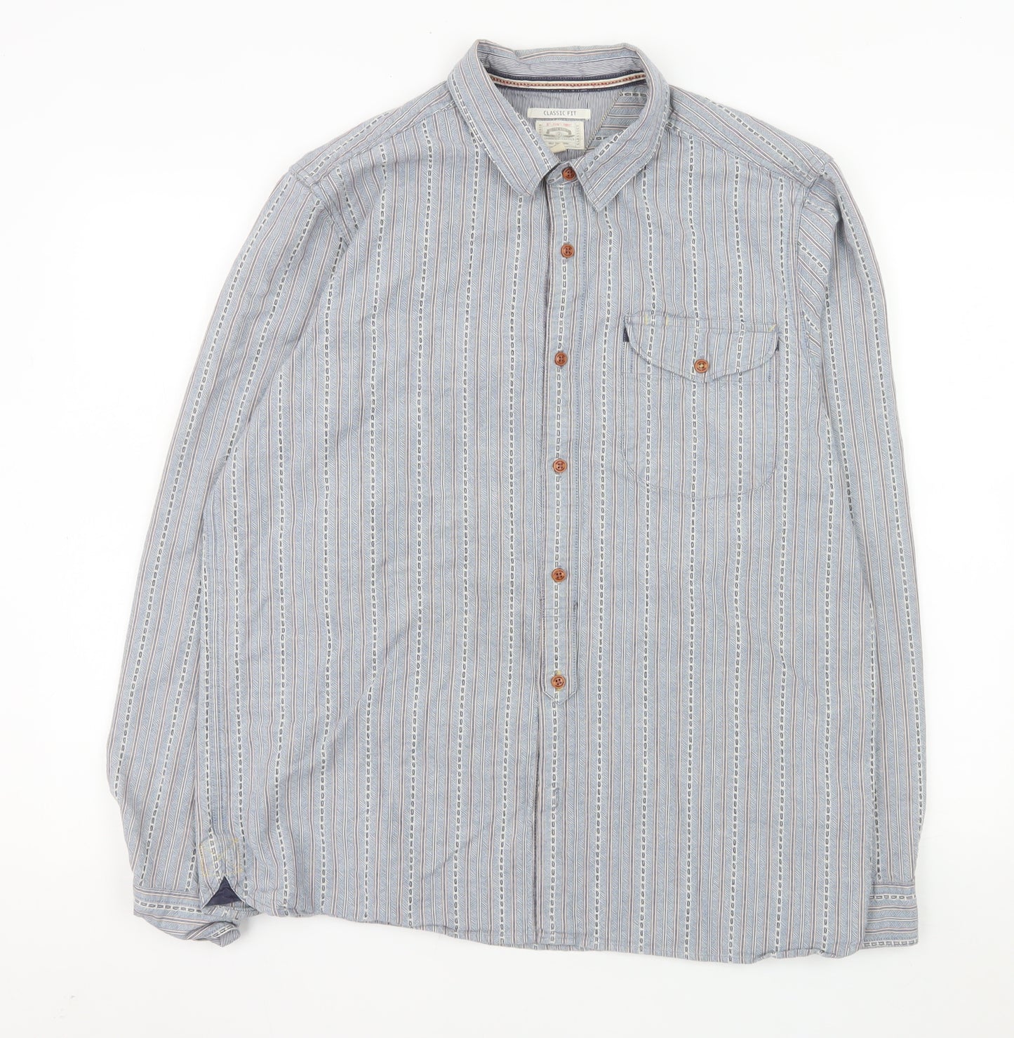 White Stuff Men's Blue Classic Fit Striped Cotton Long Sleeve Shirt L