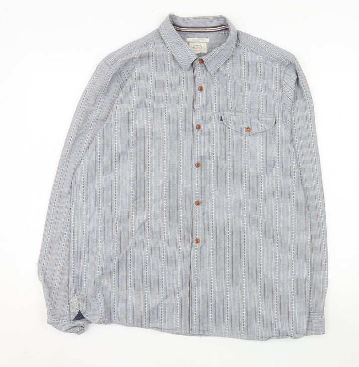 White Stuff Men's Blue Classic Fit Striped Cotton Long Sleeve Shirt L