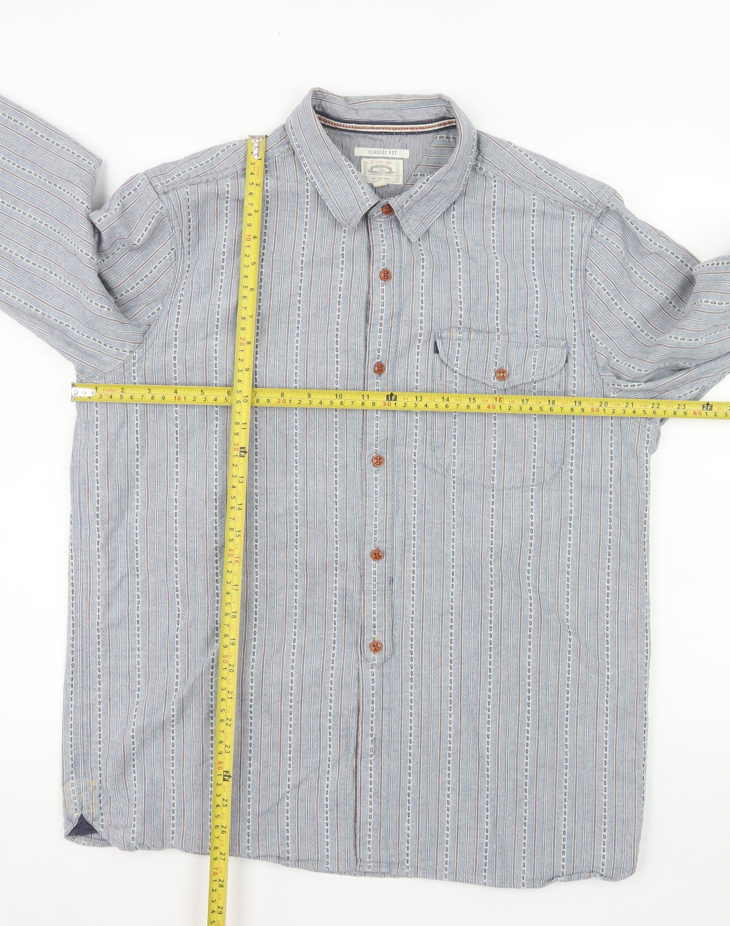 White Stuff Men's Blue Classic Fit Striped Cotton Long Sleeve Shirt L