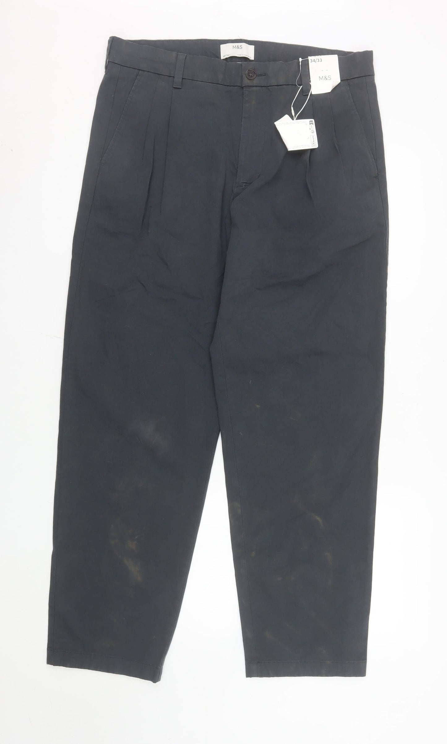 Marks and Spencer Men's Black Chino Trousers 34x33 Regular Fit