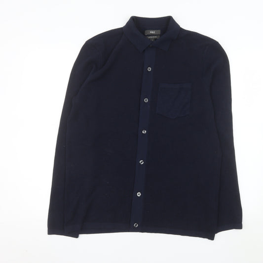 Marks and Spencer Men's Blue Long Sleeve Polo Shirt Size M