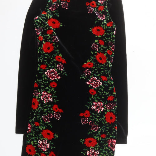 H&M Women Black Floral Velvet Bodycon Dress Size 10 Long Sleeve