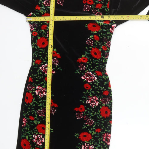 H&M Women Black Floral Velvet Bodycon Dress Size 10 Long Sleeve