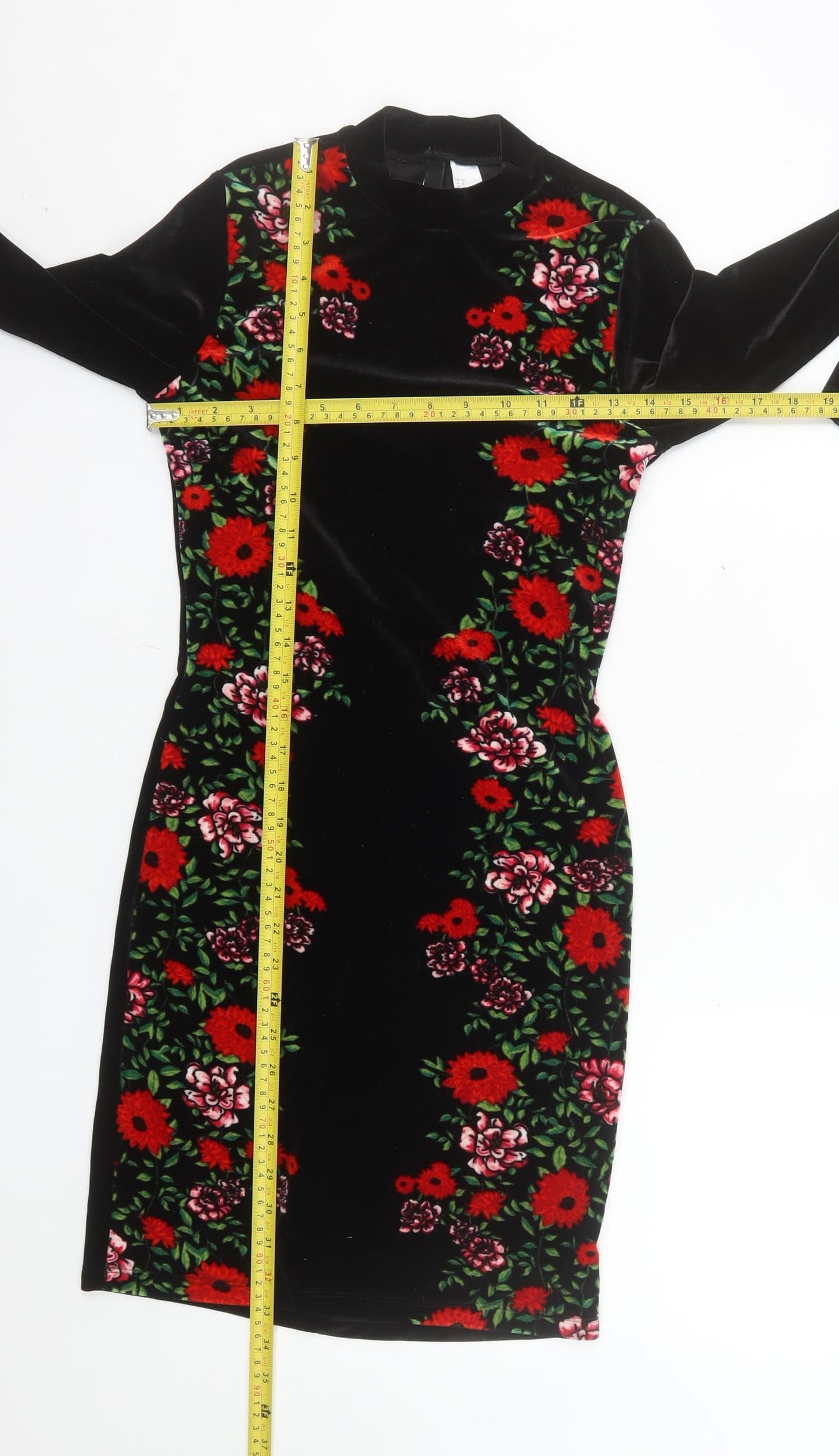 H&M Women Black Floral Velvet Bodycon Dress Size 10 Long Sleeve