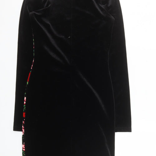 H&M Women Black Floral Velvet Bodycon Dress Size 10 Long Sleeve