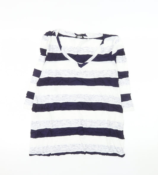 Marks and Spencer Women Blue Striped V-Neck T-Shirt UK 14