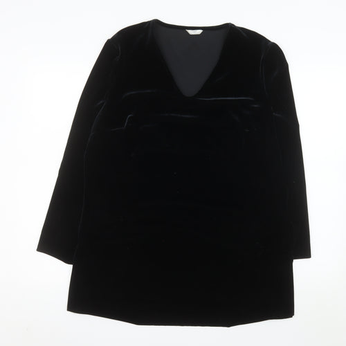Marks and Spencer Women Black Velvet Shift Dress Size 16 V-Neck Classic