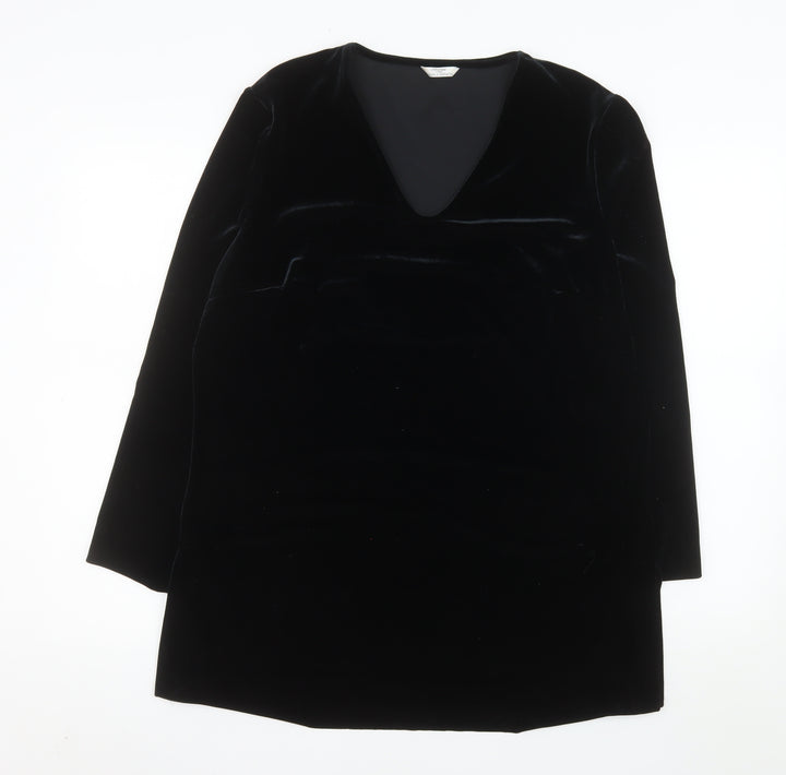 Marks and Spencer Women Black Velvet Shift Dress Size 16 V-Neck Classic