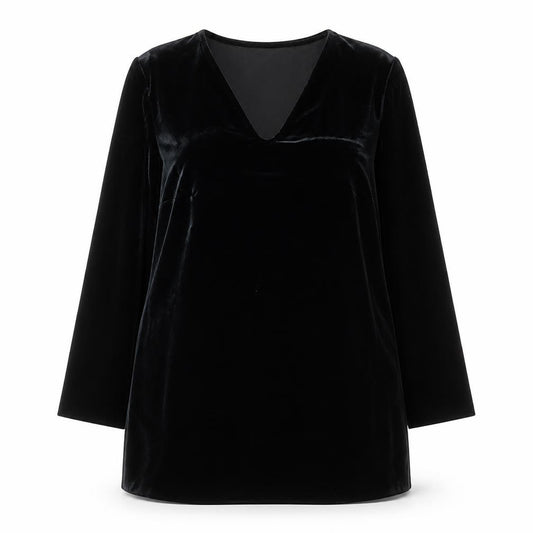 Front view of Marks & Spencer Women Black Velvet Shift Dress, size 16, V-Neck Classic