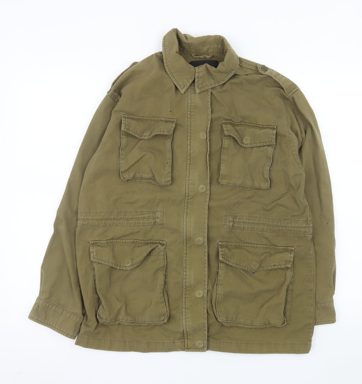 Stradivarius Womens Green Military Jacket L Cotton Button Pockets