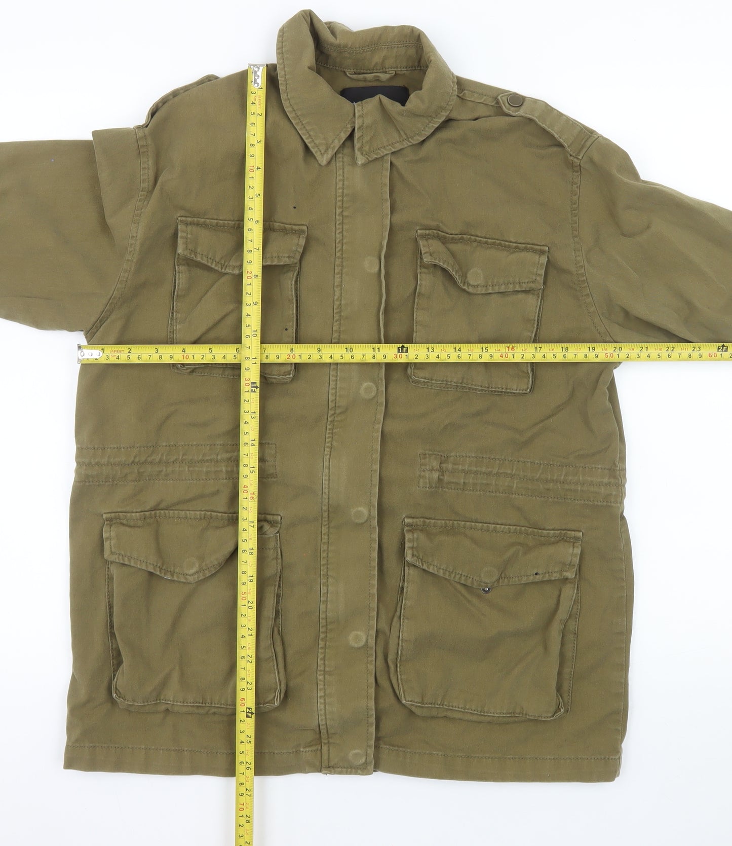 Stradivarius Womens Green Military Jacket L Cotton Button Pockets