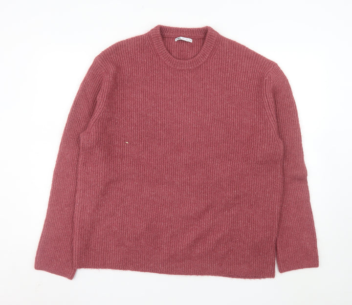 Zara Women Pink Alpaca Wool Blend Rib Knit Pullover Jumper L