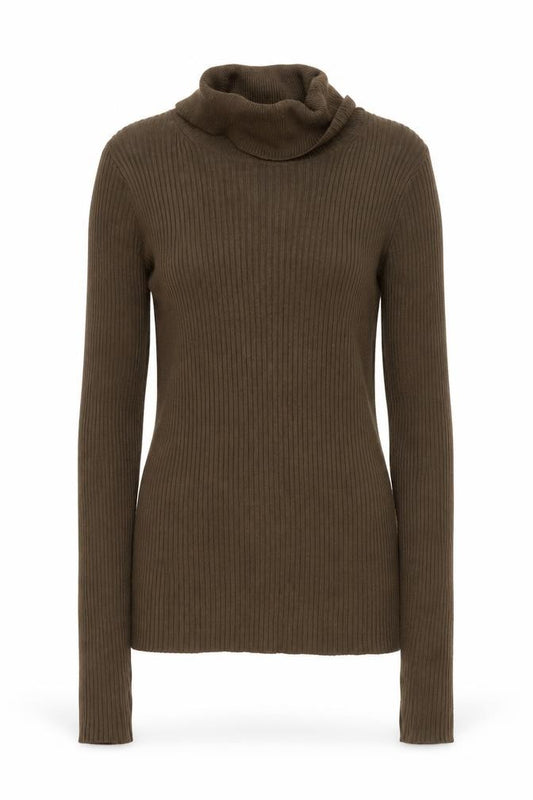 Front view of Collusion Women’s Brown Roll Neck Ribbed Knit Jumper, size UK 8