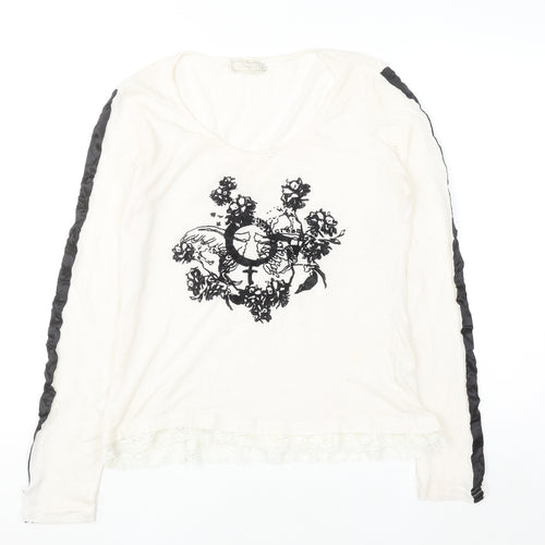 Cream Womens Ivory Floral Lace Hem Long Sleeve T-Shirt Size M