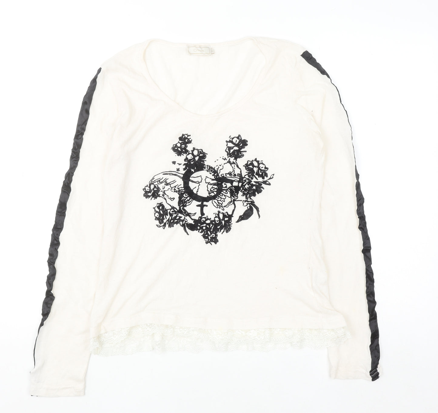 Cream Womens Ivory Floral Lace Hem Long Sleeve T-Shirt Size M