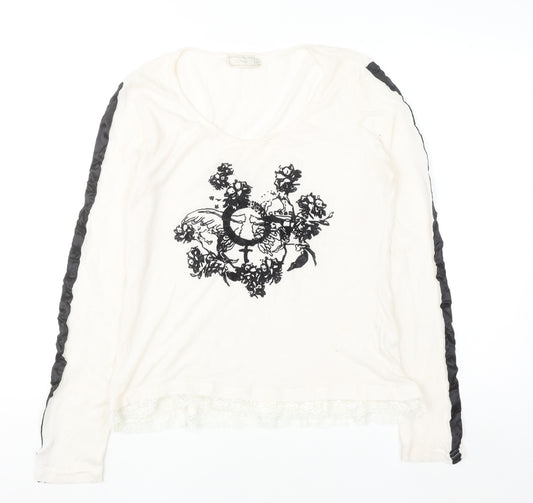 Cream Womens Ivory Floral Lace Hem Long Sleeve T-Shirt Size M