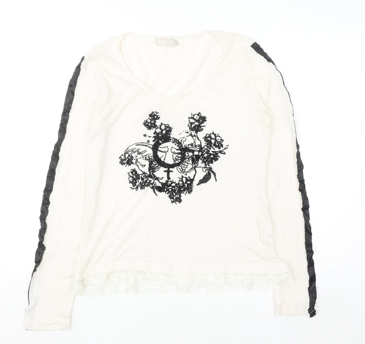 Cream Womens Ivory Floral Lace Hem Long Sleeve T-Shirt Size M