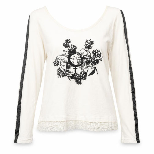 Front view of Cream women’s ivory floral lace hem long sleeve t-shirt, size M