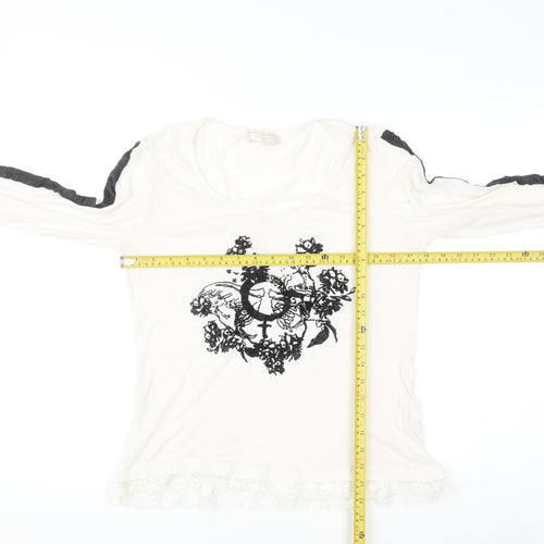 Cream Womens Ivory Floral Lace Hem Long Sleeve T-Shirt Size M