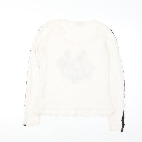 Cream Womens Ivory Floral Lace Hem Long Sleeve T-Shirt Size M