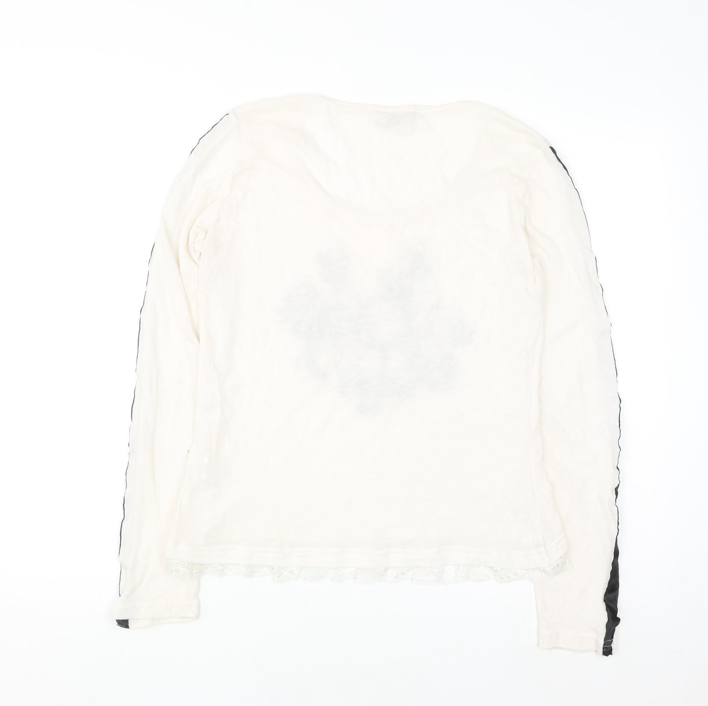 Cream Womens Ivory Floral Lace Hem Long Sleeve T-Shirt Size M