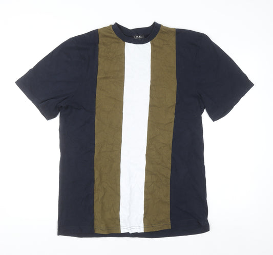 boohooMAN Men's Khaki Navy White Stripe Cotton Crew Neck T-Shirt Tall M