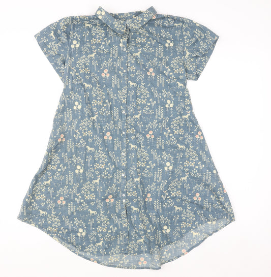 White Stuff Women’s Blue Floral Animal Button-Up Tunic Shirt Size 10