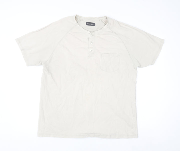 Hawkshead Men Beige Cotton Henley Short Sleeve Casual Shirt L