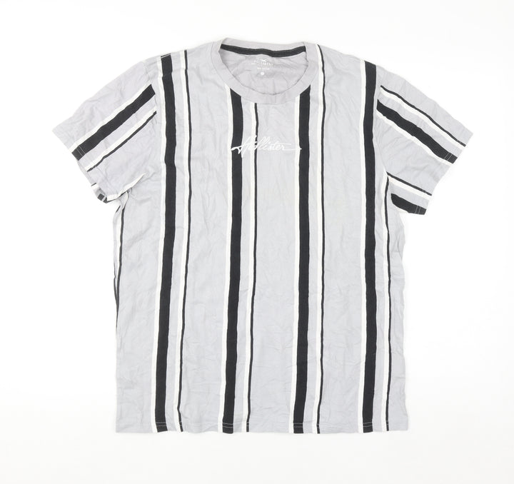 Hollister Men's Grey Striped Cotton Crew Neck T-Shirt Size L