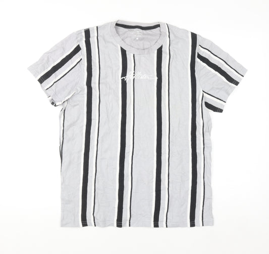 Hollister Men's Grey Striped Cotton Crew Neck T-Shirt Size L