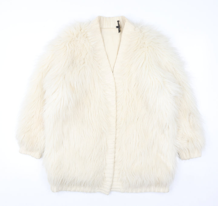 River Island Womens Ivory Faux Fur Knit Coatigan Size 10