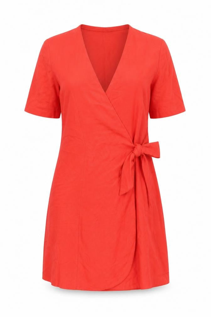 Front view of Elégance Paris Women's Red Short Sleeve Wrap Dress, size 12