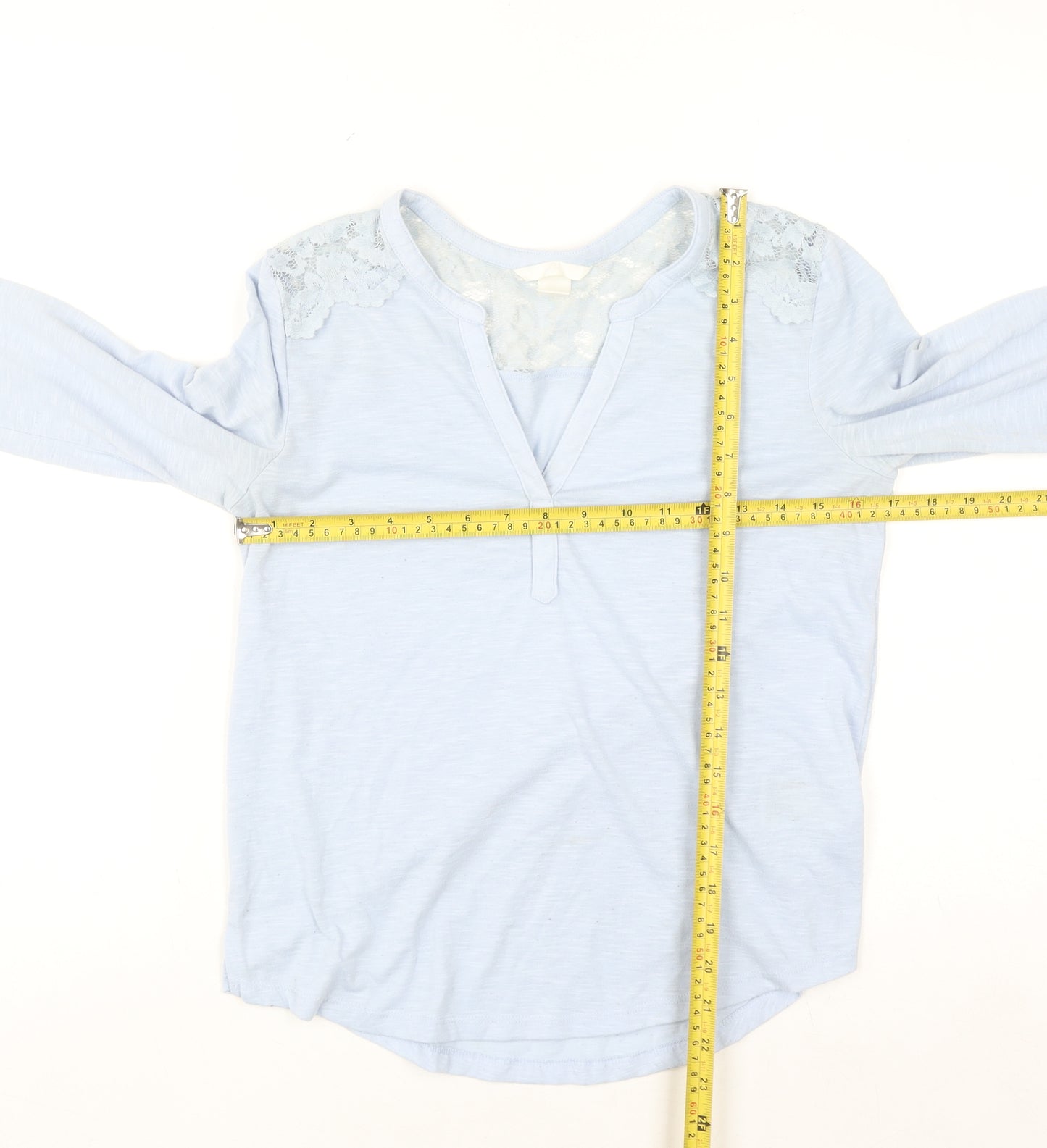 H&M Women Blue Lace Shoulder Long Sleeve V-Neck Blouse XS