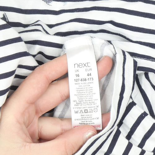 Next Petite Women’s White Navy Striped Cotton Long Sleeve T-Shirt Size 16