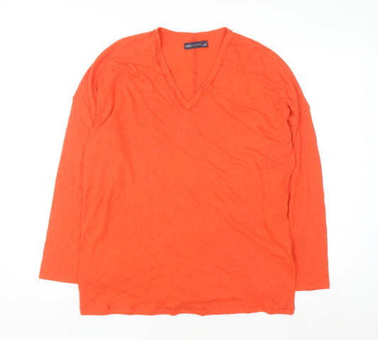 Marks and Spencer Women's Orange Linen Blend V-Neck Long Sleeve Top Size 10